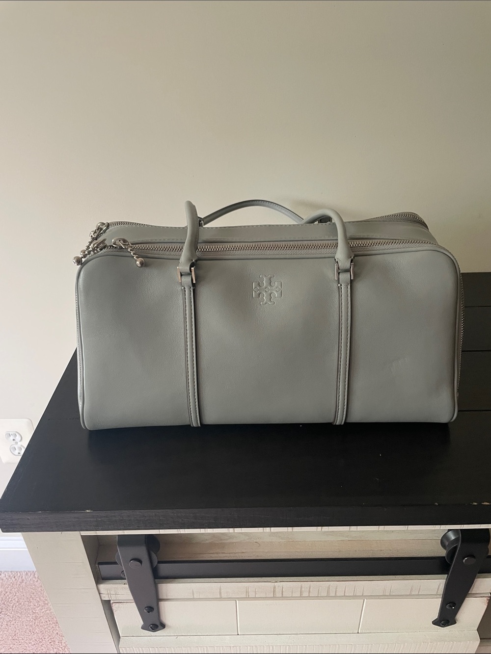 Tory Burch Light Gray Leather Duffel Bag